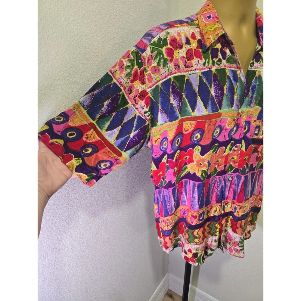 Vintage Modern Culture Hawaiian Button Down Shirt Mens Med Colorful Art Abstract